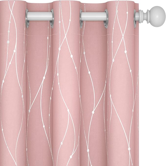 Deconovo Pink Blackout Curtains for Bedroom, Thermal Insulated Soundproof Pravicy Curtain, Silver Wave Dots Print, 42 x 63 Inch Long, Machine Washable Window Panels for Kids Room Nursery, Set of 2