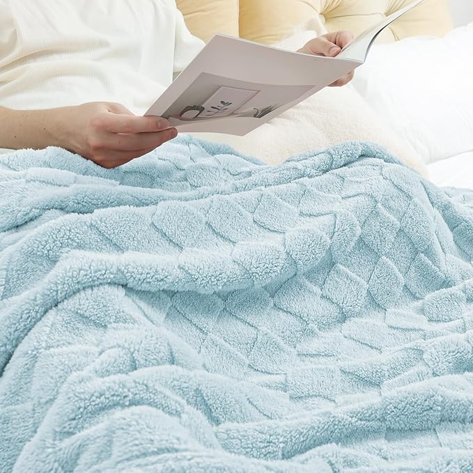 Exclusivo Mezcla Fleece Throw Blanket for Couch,Super Soft and Warm Lightweight Checkered Pattern Blankets for All Seasons, 50x60 Inches, Light Blue