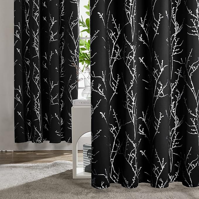 Deconovo Black Out Curtains for Kitchen, 42 x 45 Inch Length 2 Panels Set, Thermal Insulated Soundproof Window Drapes with Silver Print, Grommet Top, Machine Washable Panels for Small Winodw Nursery