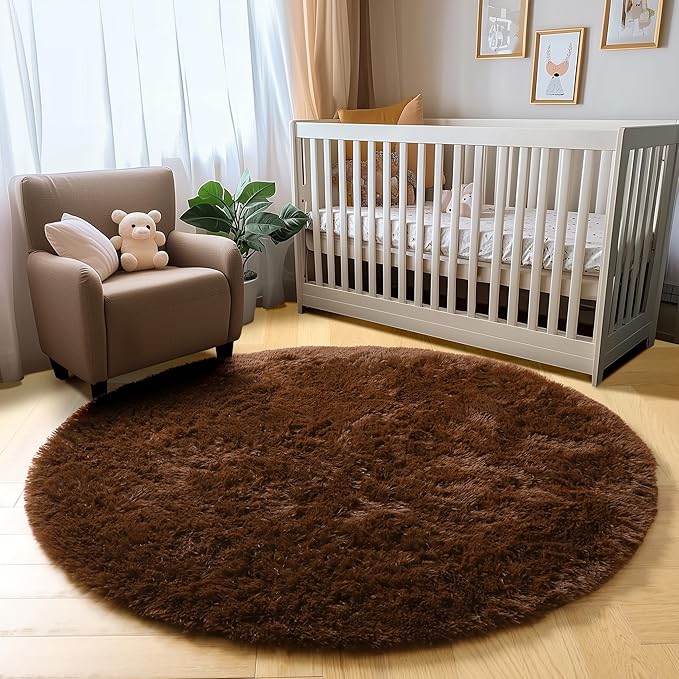 Amdrebio Dark Brown Rug 4Ft for Bedroom, Round Fluffy Shag Plush Area Rugs for Kids Room, Living Room Decor Aesthetic, Fuzzy Fur Floor Chocolate Coffee Circle Carpet for Playroom Dorm Baby Nursery