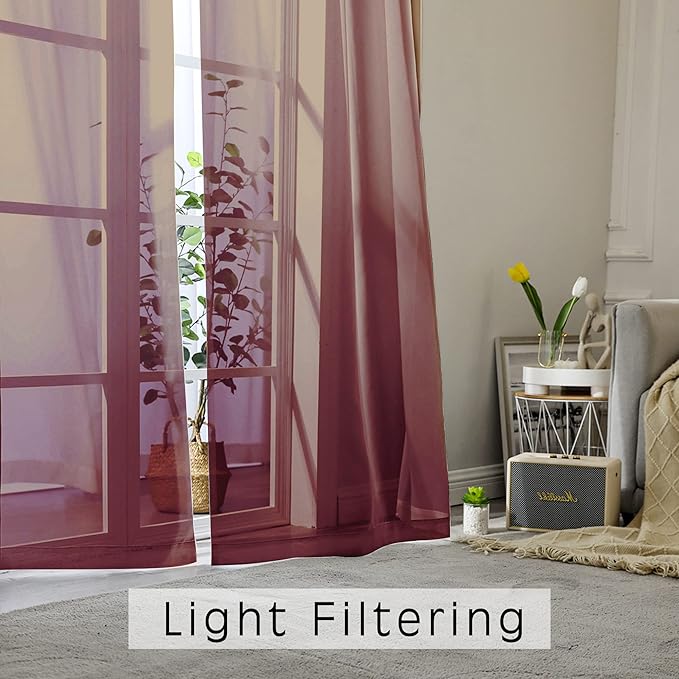 OWENIE Burgundy Red Sheer Curtains 72 Inches Long 2 Panels Set, Transparent Voile Sheer Curtain Rod Pocket Gauze Drapes for Living Room Bedroom Window Sliding Glass Door Treatment, Each 42 x 72 Inch