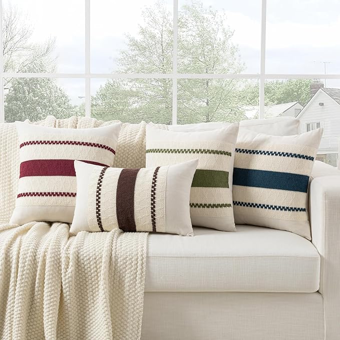 Fancy Homi Set of 1 Burgundy Boho Decorative Throw Pillow Covers 16x16 Inch for Couch Bed Sofa, Aesthetic Modern Farmhouse Christmas Room Decor, Soft Cotton Cute Textured Wind Red Cushion Case