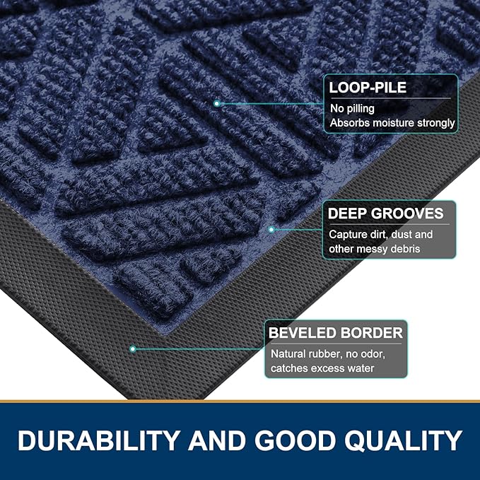 Smiry Front Door Mat Outside Entrance, Heavy Duty Sturdy Natural Rubber Doormat, Trap Dirt and Moisture, Easy Clean Low Profile Mats for Indoor Outdoor Entry, Grid Geometric (59x34, Navy Blue)