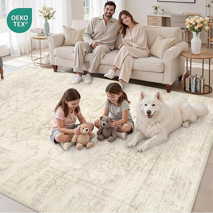 6x9 Area Rugs for Living Room: Vintage Boho Neutral Washable Rug Indoor Soft Large Area Rug Carpet for Bedroom Nursery Farmhouse Dining Room Office Floor Non-Slip Low Pile Under Table Rug Beige/Brown