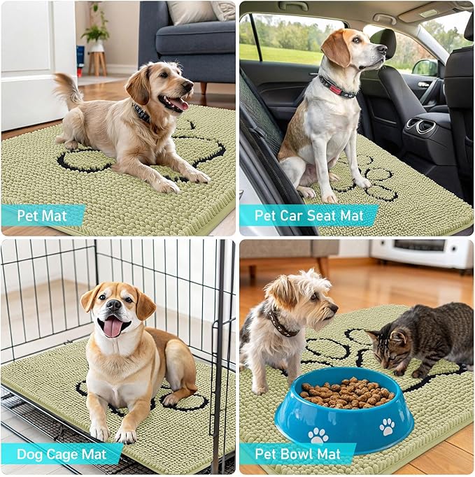OLANLY Dog Door Mat for Muddy Paws 48x30, Paw Print Design, Absorbs Moisture and Dirt, Absorbent Non-Slip Washable Doormat, Quick Dry Chenille Mud Mat for Dogs, Entry Indoor Entryway Carpet, Vanilla