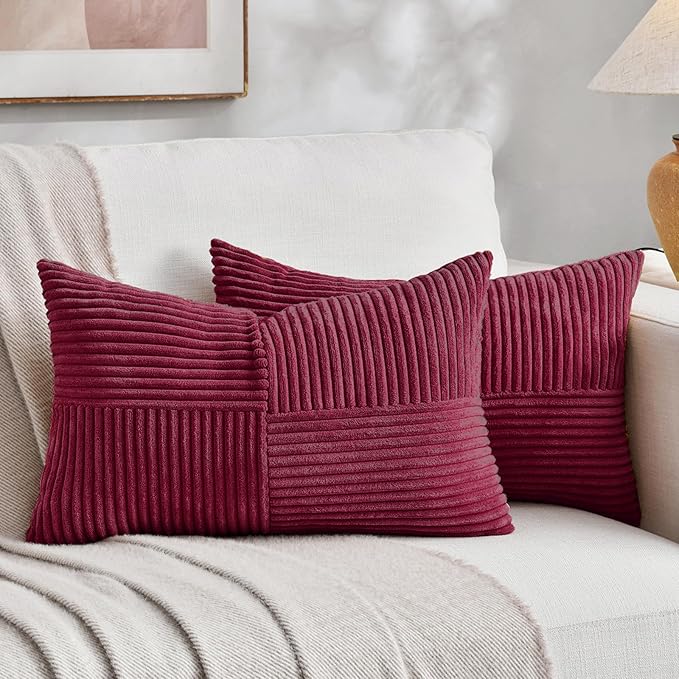 Fancy Homi 2 Packs Burgundy Lumbar Decorative Throw Pillow Covers 16x28 Inch for Living Room Couch Bed, Farmhouse Boho Home Decor, Soft Striped Corduroy Rectangle Accent Cushion Case 40x70 cm