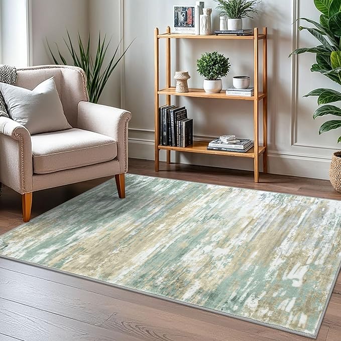 KOZYFLY Modern Abstract 3x5 Area Rug Washable Bedroom Rug Light Green Yellow, Throw Entry Mat Non-Slip Stain Resistant Carpet Dining Room Rug with Soft Low Pile for Living Room Kitchen Bath Office