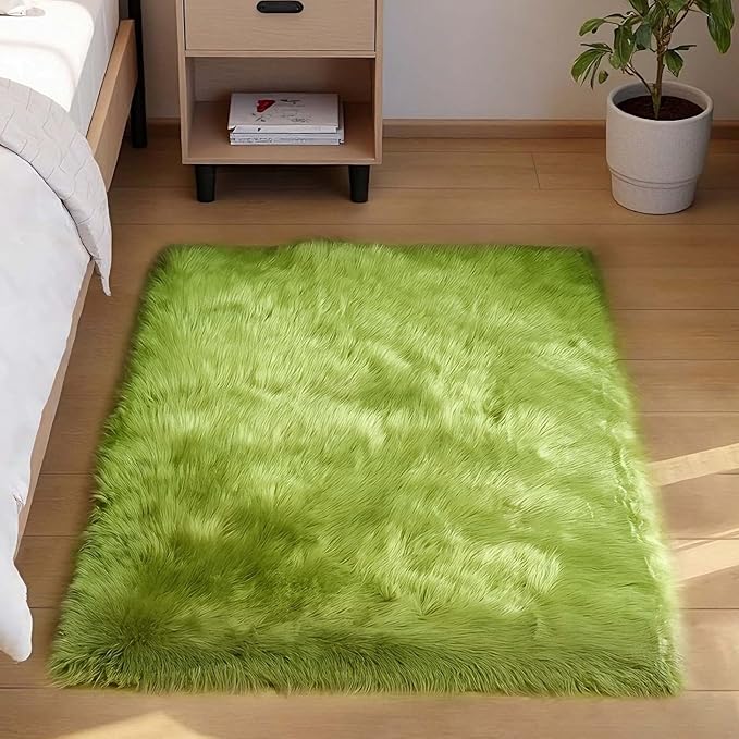 Goolela Lime Green Fluffy Fur Rug 3x5 for Bedroom Playroom Bedside Fuzzy Furry Faux Sheepskin Rug Shag Décor Rectangle