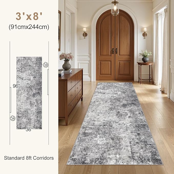 UERMEI 3X8 Washable Runner Rug for Hallway: Soft Neutral Modern Abstract Area Rug - Non-Slip Low Pile Long Throw Indoor Carpet for Kitchen Entryway Kitchen Bedroom Laundry Bathroom - Grey