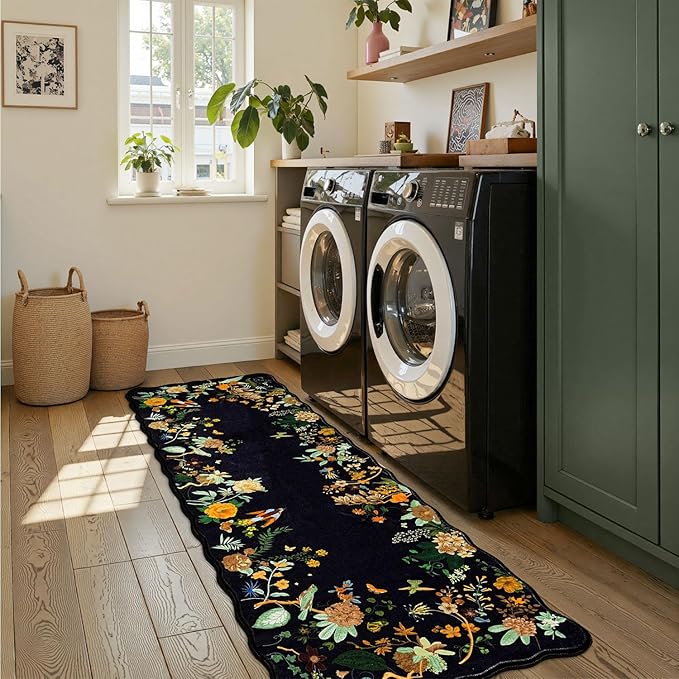 Rugflix 2x6 Runner Rug for Hallway, Washable Kitchen Runner Non Slip, Soft Low Pile Entryway Carpet, Vintage Floral Stain Resistant Long Laundry Room Rugs for Bedroom, Stairs