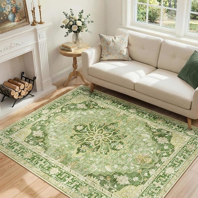 RELEANY Area Rugs 4'x6' Washable Non-Slip, Floral Vintage Distress Print Pattern Medallion Carpet for Living Room Bedroom Dining Room, Sage Green Yellow