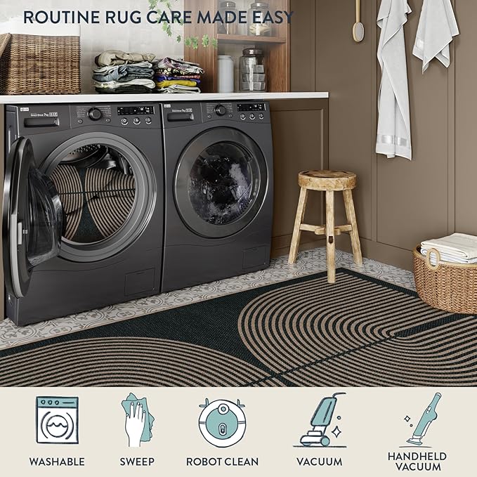 Lahome Enfys Modern Rainbow Easy Jute Rug, Washable Rugs 8x10 for Living Room Indoor Outdoor Patio Farmhouse Large Carpet, Contemporary Non Slip Black Carpet for Bedroom Backyard Office Decor