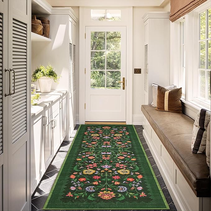 Protea Floral Rug 2x6 Runners for Hallways, Boho Kitchen Runner Rugs Non Slip Bath Runners, Vintage Washable Runner Rug for Bedroom, Soft Long Rugs for Entryway Bathroom Laundry Dorm, Forest Green