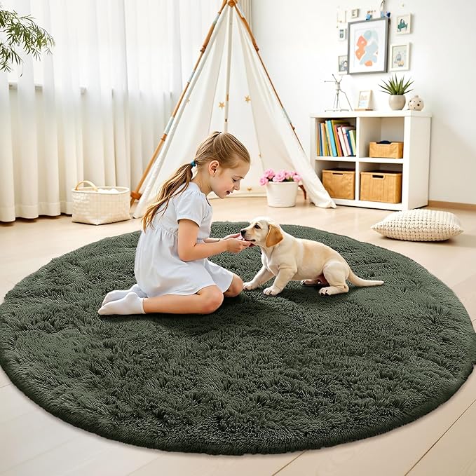 OLANLY Olive Green Round Rugs for Bedroom - Machine Washable, 6 ft Circle Area Rugs for Living Room, Soft and Fluffy Shaggy Carpet for Teen Girl and Boys, Nursery Rooms, Dorms, Home Decor Aesthetic