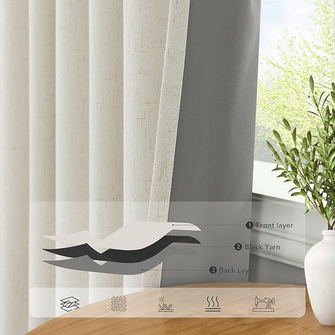 Pitalk Natural Cream Linen Blackout Curtains 64 Inch Length 2 Panels for Bedroom Living Room Black Out Linen Textured Window Drape Privacy Decorative Back Tab Rod Pocket Burlap Look Decor 42 x 64 Long