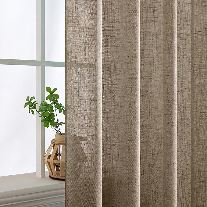 MIULEE Taupe Grey Linen Curtains 90 Inch Long 2 Panels for Bedroom Living Room, Soft Linen Textured Window Drapes Semi Sheer Light Filtering Back Tab Rod Pocket Farmhouse Modern Burlap Look Decor
