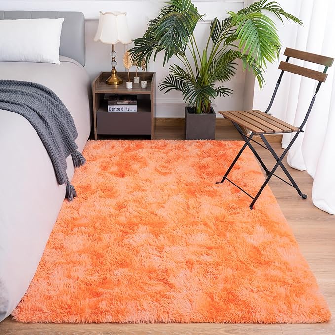 Goideal Fluffy Rug for Bedroom Living Room, 7x10 Orange Area Rugs, Faux Fur Shag Modern Carpet Ultra Soft Girls Boys Room Home Decor, Tie-Dyed