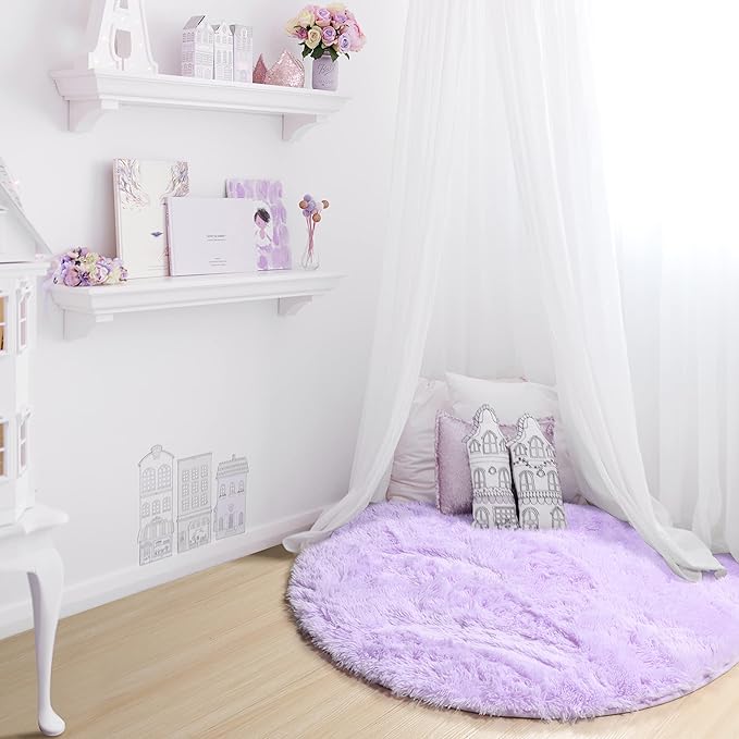 ONASAR Light Purple Round Area Rugs 5ft, Soft Bedroom Circle Rug Floor Mats for Kids Girls Teen, Cute Fluffy Plush Shaggy Carpet for Nursery Dorm Living Room Playroom Home Decor Princess Castle