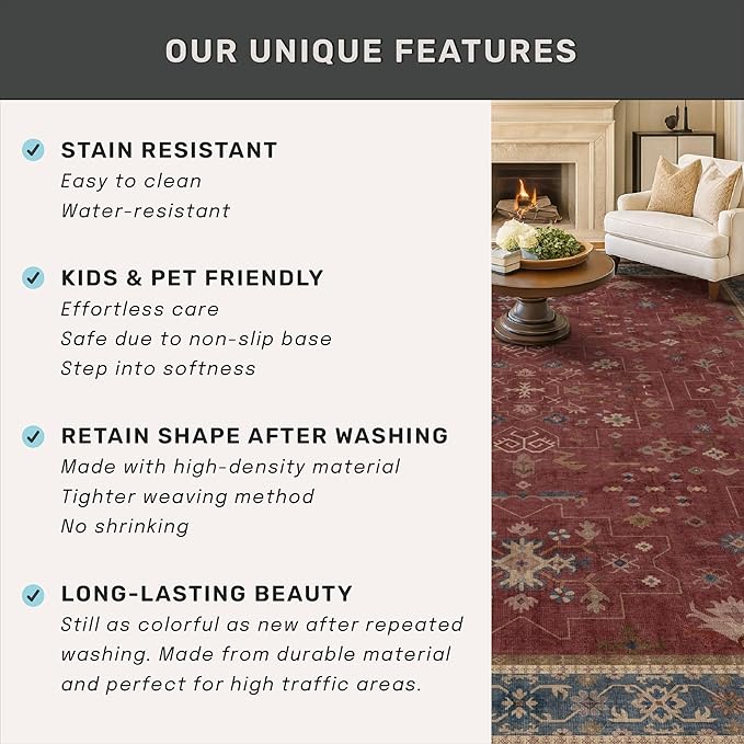 Dark Red 2'6''x10' Wide Hallway Runner Rug - 10ft Long Washable Non Slip Indoor Door Mats for Entryway, Low Pile & Soft Boho Geometric Floral Pattern Burgundy Area Rug