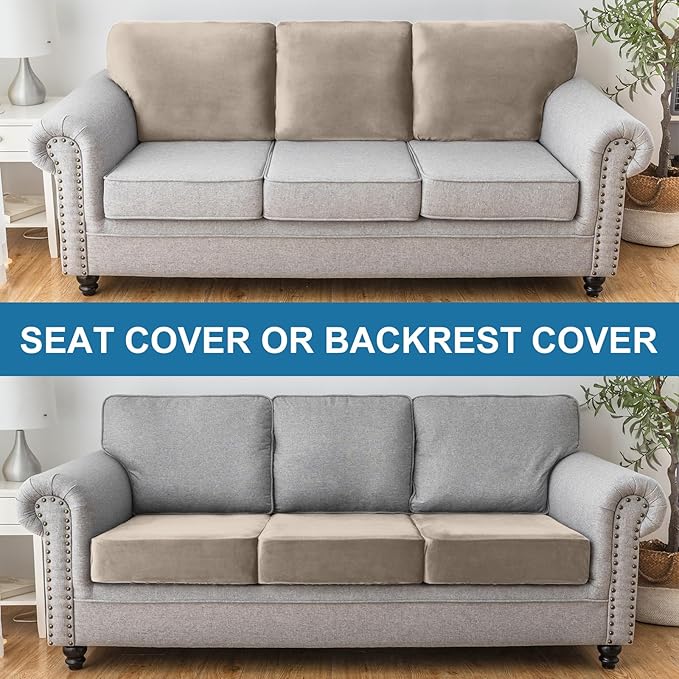 Couch Cover Stretch Velvet Sofa Cushion Cover 3-Piece - Elastic Washable Slipcover for Seat or Backrest, Couch Seat Covers for Sofas (Taupe)
