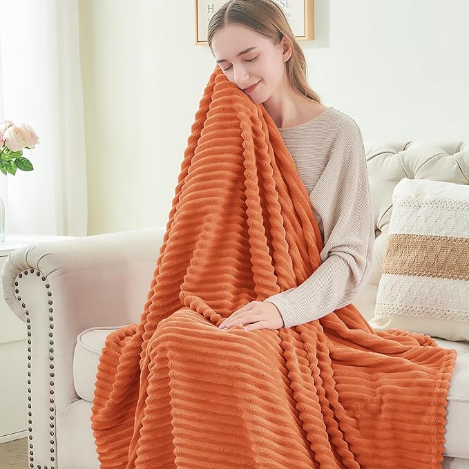 BEDELITE Fall Throw Blanket for Couch - 3D Ribbed Jacquard Soft & Warm Decorative Burnt Orange Blanket, Cozy, Plush, Fluffy, Fuzzy Fleece Throw Blanket for Bed, Sofa 50x60Inches