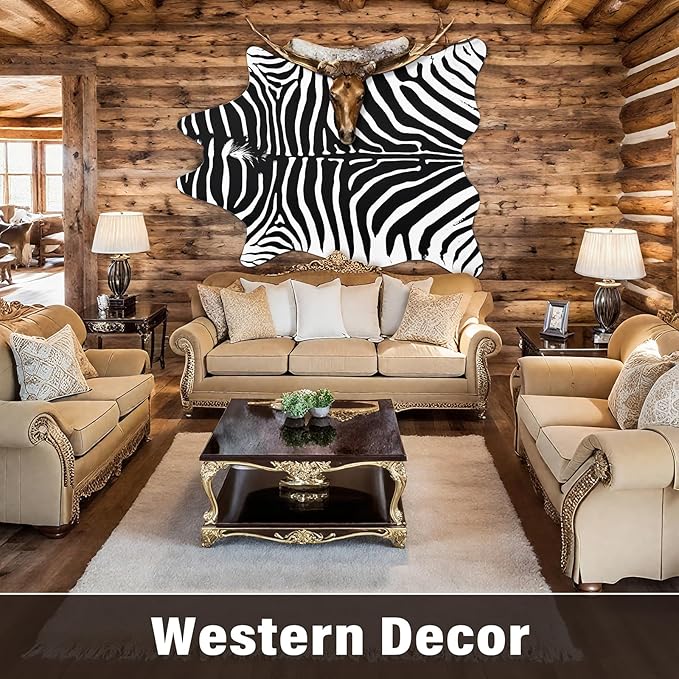 AROGAN Premium Faux Zebra Hide Rug 4.6 x 5.2 Feet, Sturdy and Large Size Bear Print Rugs, Suitable for Bedroom Living Room Western Decor, Faux Fur Animal Carpet, Black and White