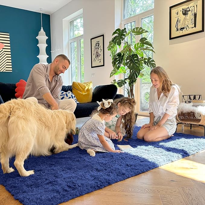 OLANLY 10x12 Machine Washable Large Area Rugs for Living Room, Bedroom, Soft Fluffy Shaggy Bedside Rug, Indoor Floor Carpet for Kids Girls and Boys, Dorms, Nursery, Home Decor Aesthetic, Navy Blue