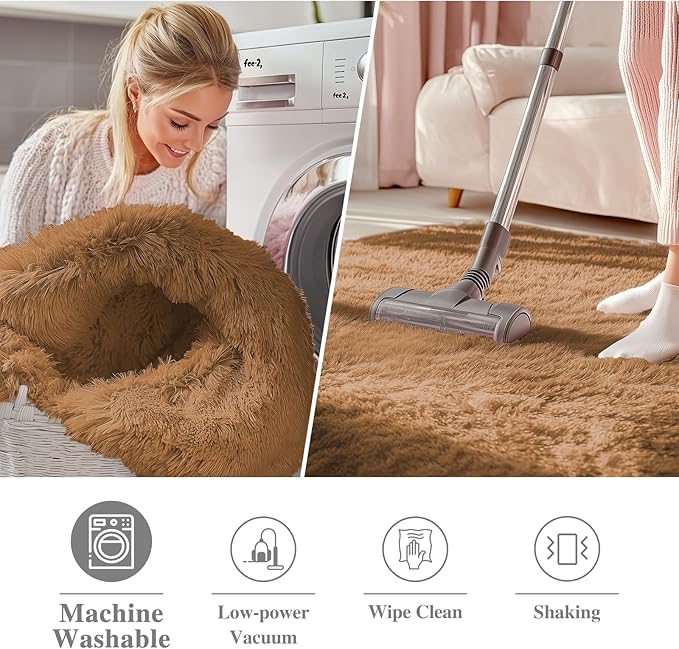 OLANLY Khaki Round Rugs for Bedroom - Machine Washable, 6 ft Circle Area Rugs for Living Room, Soft and Fluffy Shaggy Carpet for Teen Girl and Boys, Nursery Rooms, Dorms, Home Decor Aesthetic