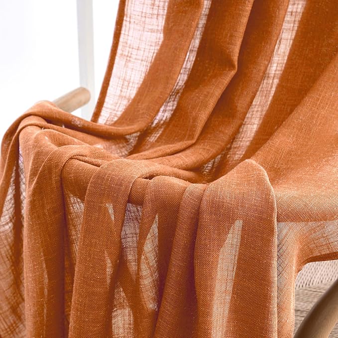 MIULEE Orange Curtains 90 Inch Length 2 Panels for Bedroom Living Room, Soft Thick Linen Textured Window Drapes Semi Sheer Light Filtering Back Tab Rod Pocket Burlap Look Fall Boho Decor
