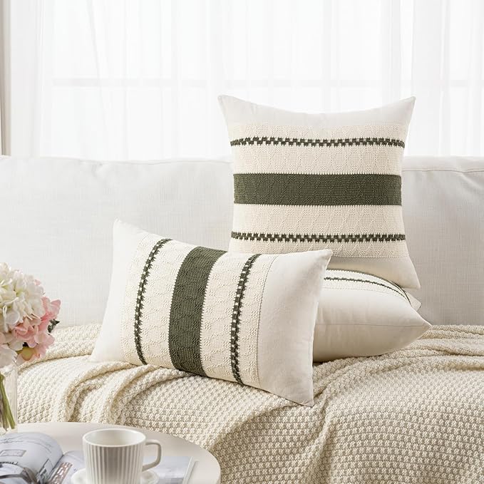 Fancy Homi Set of 1 Boho Olive Green Long Lumbar Decorative Throw Pillow Cover 16x24 Inch for Couch Bed Sofa Chair, Modern Organic Farmhouse Home Decor, Soft Cotton Cute Accent Rectangle Cushion Case