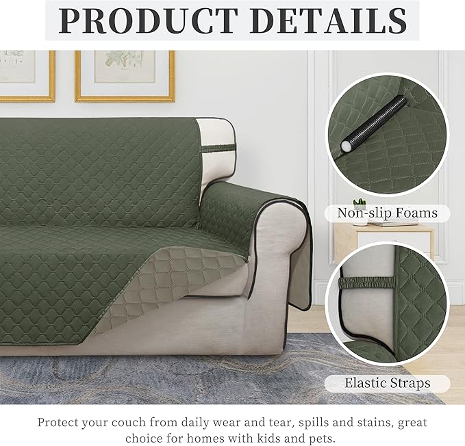 ISSUNTEX Double Protection 100% Waterproof Sofa Covers for Living Room, Couch Covers for 3 Cushion Couch Sofa, Reversible Furniture Protector Sofa Cover for Dogs (Oversized Sofa, Greyish Green/Beige)