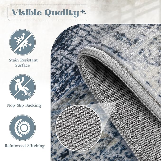 Area Rug 6x9 Washable Rug, Vintage Boho Medallion Rugs Non-Slip Soft Low Pile Large Distressed Rug Indoor Retro Carpet for Living Room Bedroom Dining Room Home Office (Blue, 6'x9')