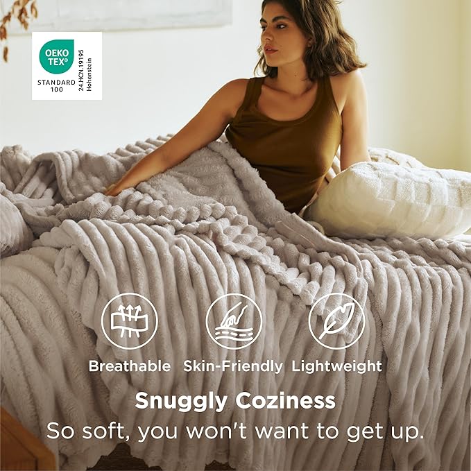 Bedsure GentleSoft Blankets Queen Size for Bed - Cozy Soft Blankets for Women, Cute Large Fleece Throws for Girls, Beige, 90x90 Inches