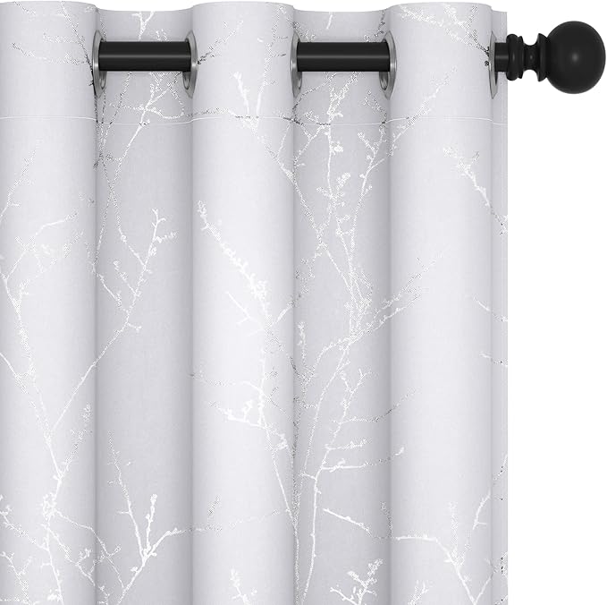 Deconovo Greyish White Curtains, Room Darkening Curtain, Thermal Insulated Soundproof Drapes, Silver Branch Print, 42 x 84 Inch Long, Grommet Window Panels for Living Room Bedroom Nursery, Set of 2