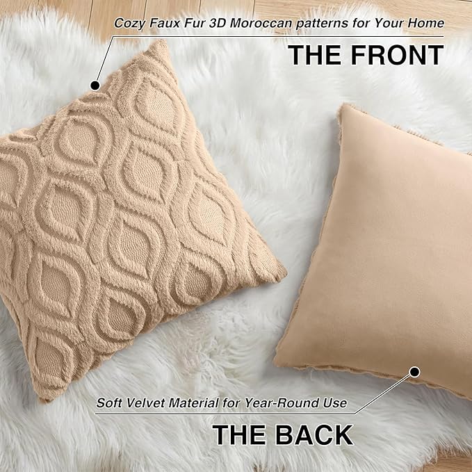 decorUhome Throw Pillow Covers 16x16 Inch Set of 2, Soft Plush Faux Wool Light Khaki Solid Couch Pillow Covers, Accent Farmhouse Neutral Square Pillow Cases for Sofa Bed Living Room