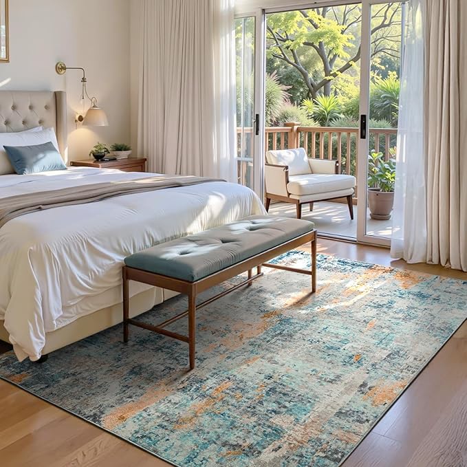 Area Rug 4x6 Blue Rug Washable Boho Rugs Non Slip Low Pile Abstract Small Carpet for Entryway, Bedroom, Kitchen, Classroom, Kids Room, Office, Dorm, Dining Room