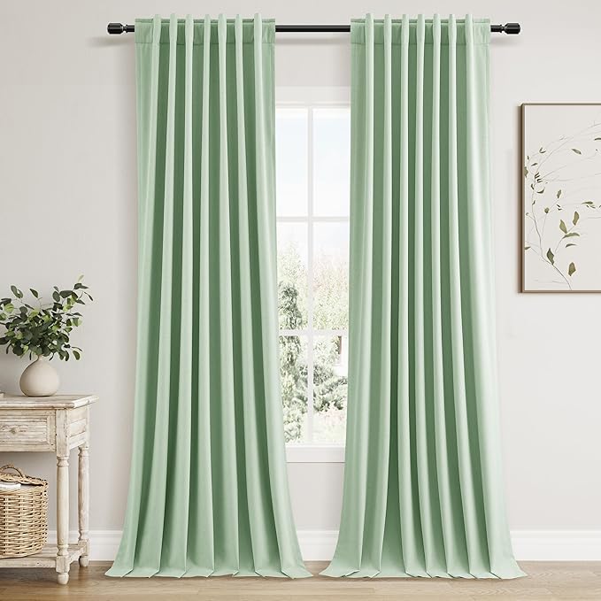 Aqua Green 100% Blackout Linen Curtains 96 Inch Length 2 Panels Set for Living Room Bedroom Back Tab Thermal Insulated Black Out Drapes Room Darkening Farmhouse Style for Bedroom Window Curtains