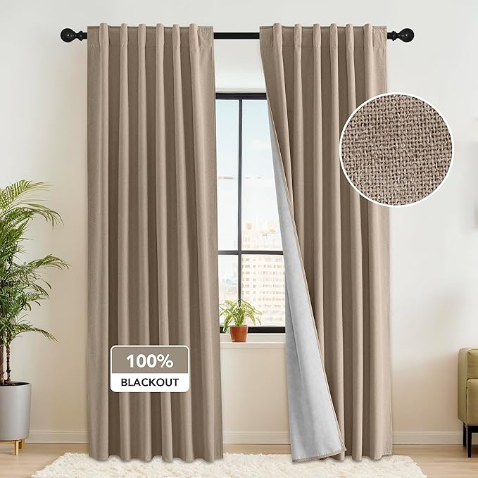 RYB HOME 100% Blackout Flax Linen Curtains, UV Protection Drapes for Bedroom, Rod Pocket & Back Tab UV Protection Drapes, Living Room & Villa Theater, Set of 2, W52 x L108, Mocha