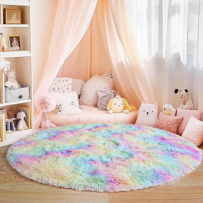 3'x3' Rainbow Round Rugs for Girls Bedroom, Ultra Soft Fluffy Circle Rug for Kids Room, Cute Small Shag Rugs for Living Room Playroom Tent Castle Home Decor Rug