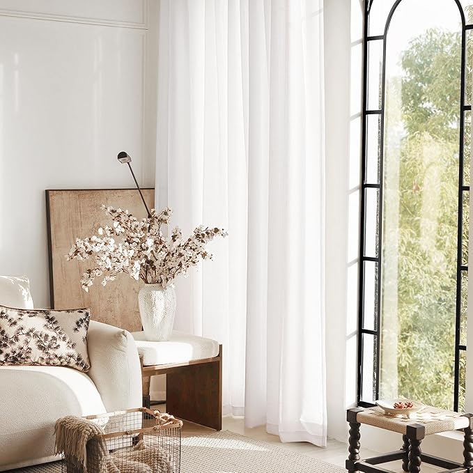 White Curtains 92 inches Long 2 Panels Back Tab Light Filtering Cotton Textured Curtain Modern Farmhouse Coastal Decor Off White Linen Drapes 92 inch Length for Patio Sliding Door Office Bedroom