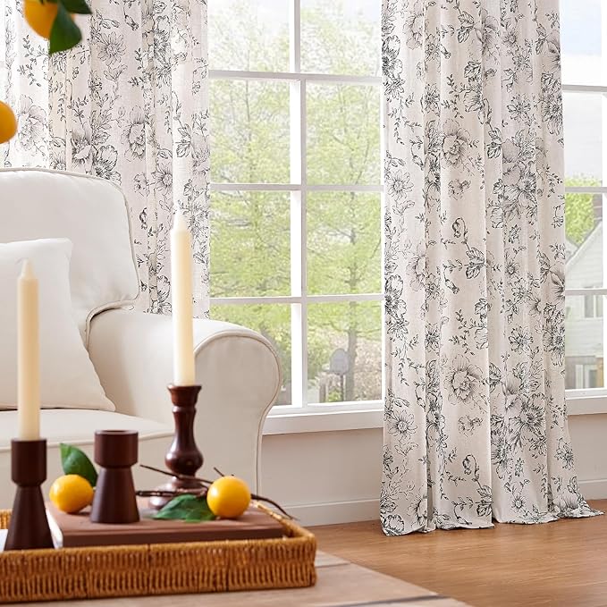 jinchan Floral Curtains for Living Room 84 Inch Length Farmhouse Printed Curtain Rod Pocket Back Tab Black Peony Flower Patterned Drapes Bedroom Window Curtains Set 2 Panels 25% Linen 75% Polyester
