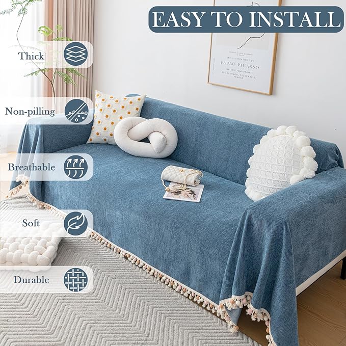 HANDONTIME Couch Slipcover Dog Sofa Covers Boho Couch Cover for Dogs Blue Sofa Throw Cover Bohemian Sofa Covers for 3 Cushion Couch Herringbone Sectional Couch Cover Slipcovers for Sofas, 91" X134"