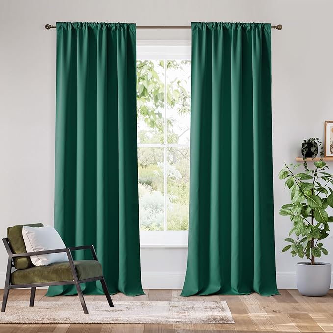 RYB HOME Bedroom Blackout Curtains 84 inches Long, 100% Blackout Thermal Insulated Noise Reducing Curtains for Living Room Nursury, 42 inches Wide by 84 inches Long, Dark Green