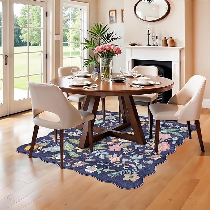 Floral Square Area Rug for Family: Washable 5x5 Scalloped Carpet for Living Room Bedroom Soft Water Resistant Floor Mat with Non Slip Backing for Kitchen Nursery Dorms Farmhouse Home Decor(5x5,Purple)