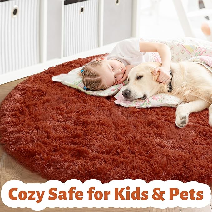 Amdrebio Terracotta Rust Circle Round Rug 4Ft for Bedroom Living Room Aesthetic, Fluffy Fuzzy Thick Shag Area Rugs for Kids Room Decor, Small Plush Furry Shaggy Carpet for Nursery Dorm Classroom