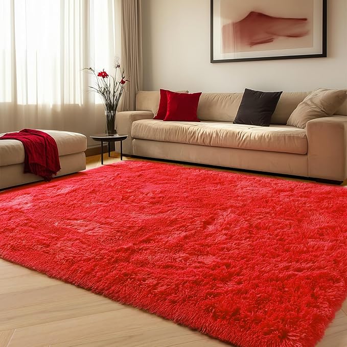 ONASAR Red Rugs for Living Room Bedroom, 5x8 Fluffy Bedside Area Rug, Soft Plush Shaggy Indoor Floor Carpet for Nursery Kids Girls Boys Teen Dorm Home Office Decor Aesthetic
