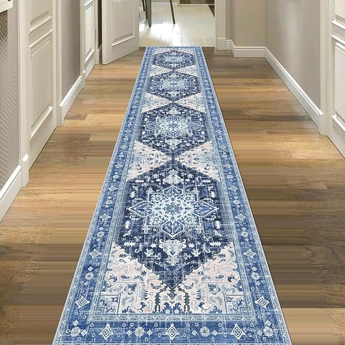 Yamaziot Washable Runner Rug, 2x10 Non-Slip Boho Vintage Hallway Rug Runner with Rubber Backing, Stain Resistant & Low Pile Faux Wool Distressed Carpet Runner for Kitchen, Laundry, Entrance, Blue