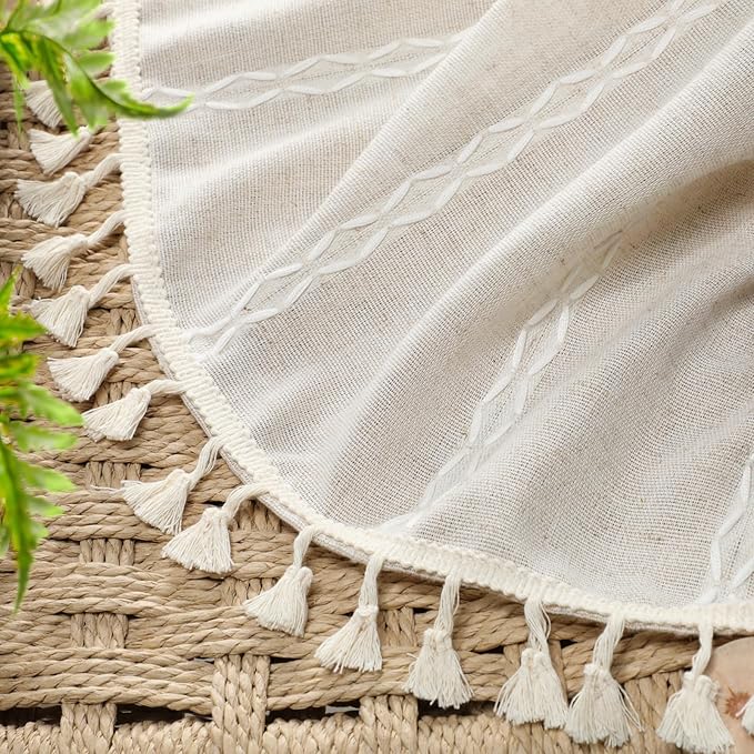 Boho 80% Blackout Curtains with Gray Liner 96 Inches Long 2 Panels Set, Beige Linen Blend Drapes with Tassels and Cotton Embroidered for Living Room Bedroom