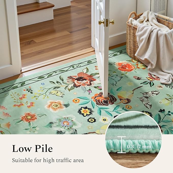 Rugflix 5x7 Washable Area Rug for Living Room, Soft Non Slip Low Pile Carpet, Floral Vintage Stain Resistant Rugs for Bedroom, Dining Room, Home Office, Green