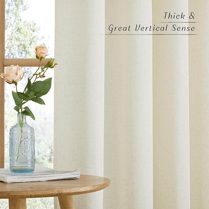 NICETOWN Thick Linen Curtains Extra Long 120 inch Length, Rustic Grommet Privacy Added Vertical Flax Semi Sheer Panels for Farmhouse/Living Room, Off White, W55 x L120, 2 Panels